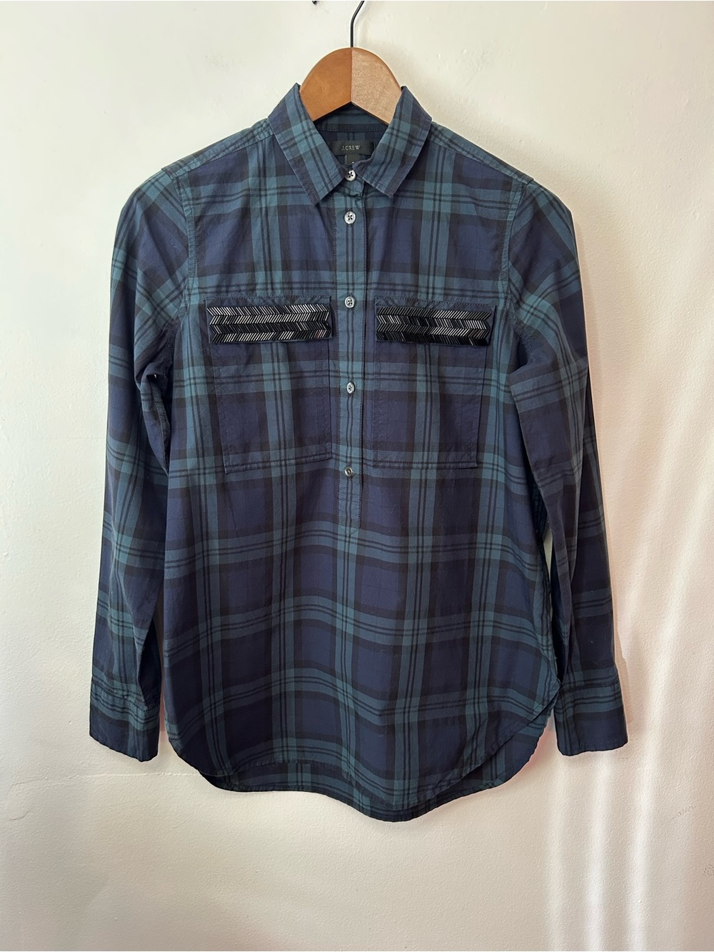 J. Crew Blackwatch Plaid Chevron beaded popover shirt - Size 2